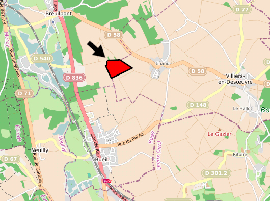 Localisation de l'usine de méthanisation, parcelle ZE0029 à Villiers-en-Désœuvre